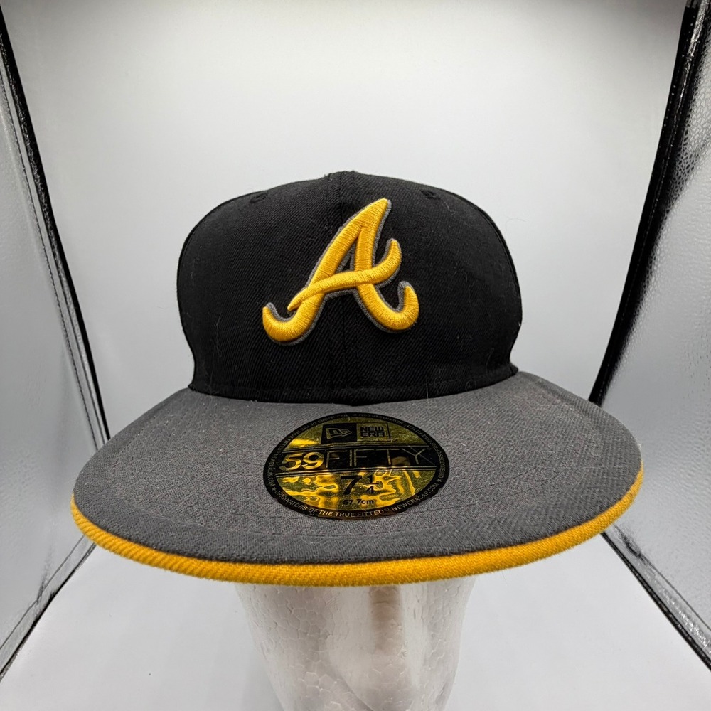 NEW New Era 59FIFTY Atlanta Braves Hat Black Grey Gold Fitted Cap Size 7 1/4